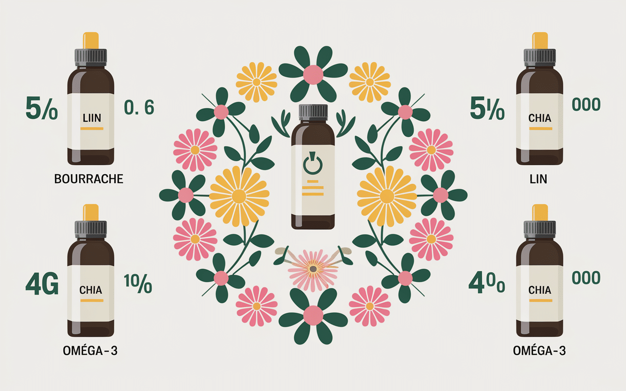 Comparatif huiles bourrache, lin, onagre, chia avec tableaux AGL et Omega-3