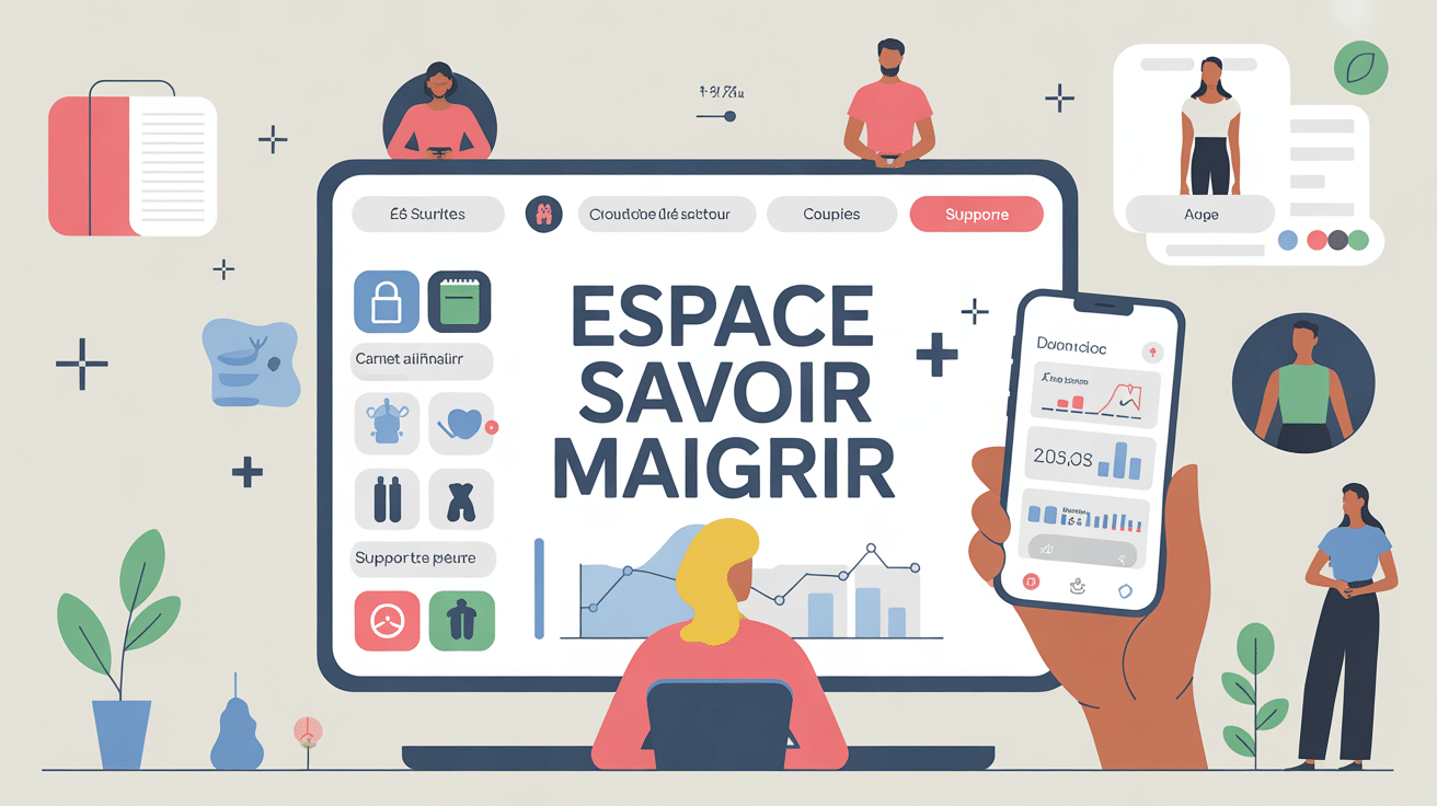 Espace Savoir Maigrir sur ordinateur et mobile, icons securite, carnet, support en ligne