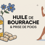Huile de bourrache et prise de poids avec flacon, capsules, fleurs bleues, silhouette énergique