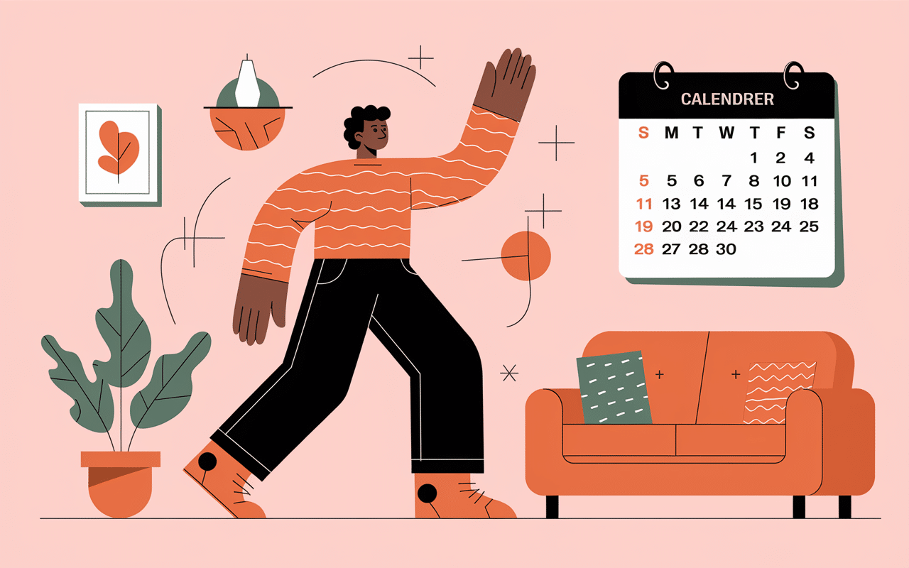 Personnage fait exercices bras maison calendrier