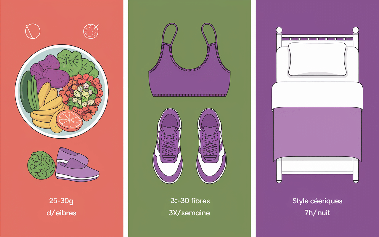 Assiette fibre, chaussures sport, lit sommeil pour perte de ventre
