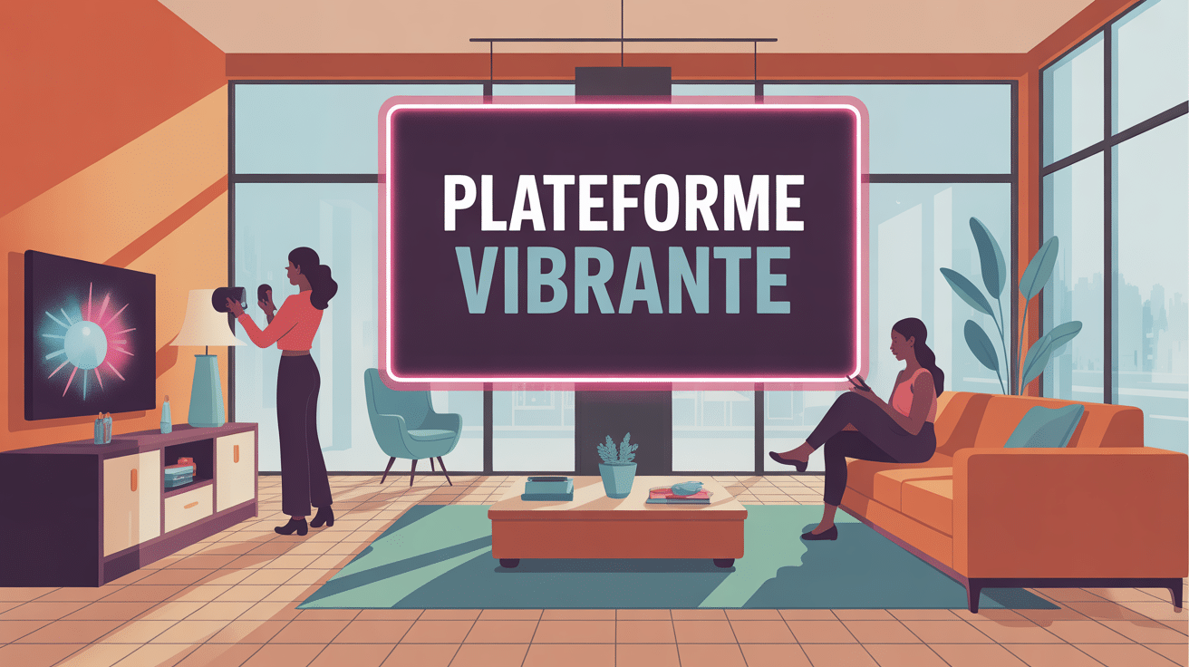 Plateforme vibrante au centre d'un salon lumineux, ambiance bien-être
