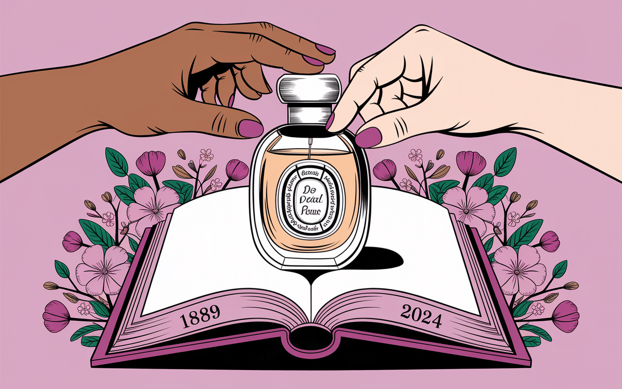 Flacon Reve d'Or sur livre, mains adulte enfant, décor floral, dates 1889 2024