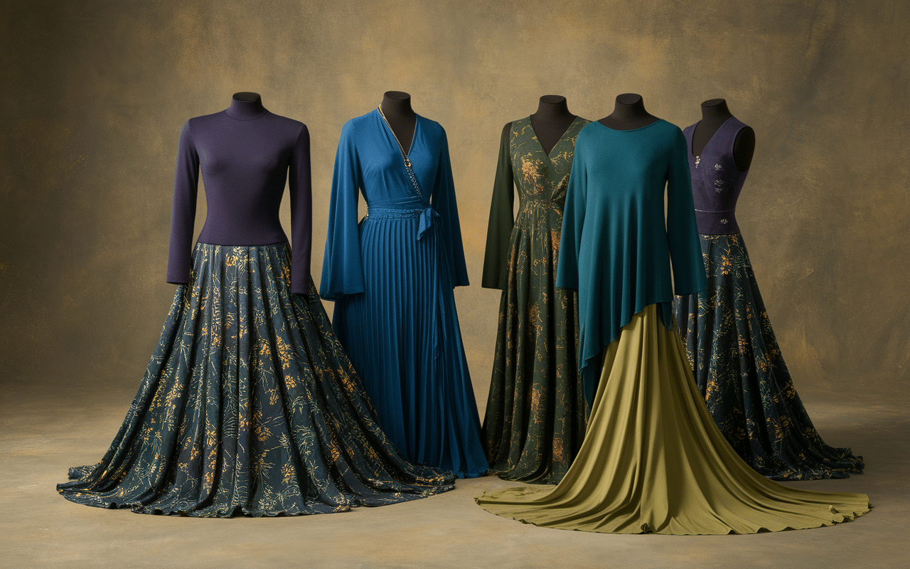 Robes ventre matières fluides, couleurs amincissantes, motifs petits pois