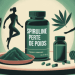 Spiruline perte de poids illustration boite poudre comprimés brindilles