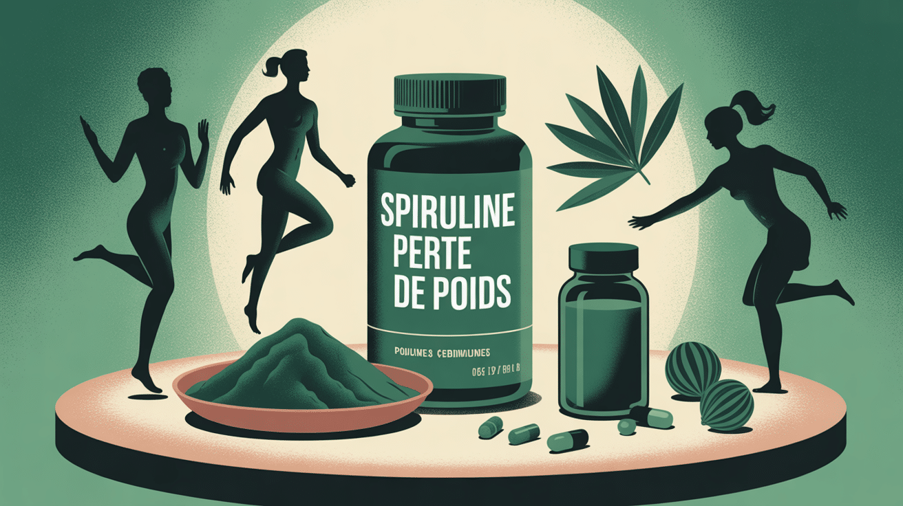 Spiruline perte de poids illustration boite poudre comprimés brindilles