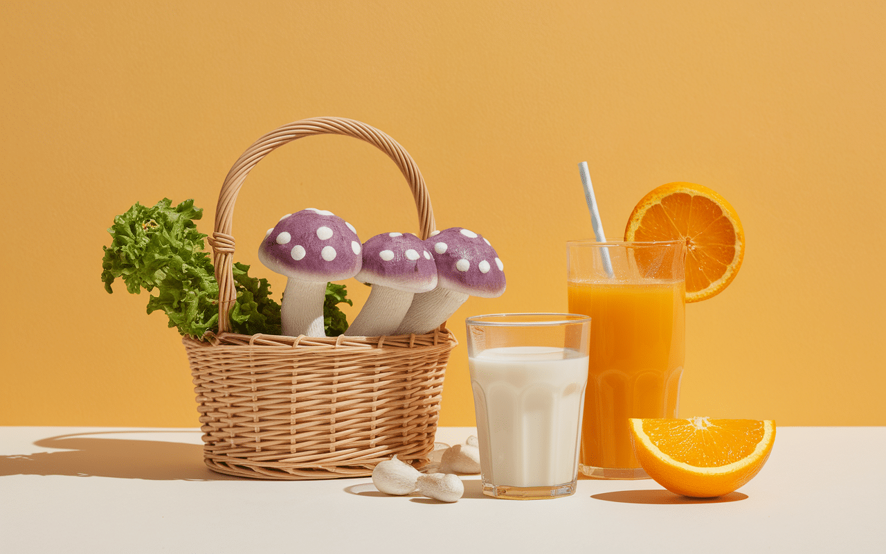 Panier champignons UV jus orange lait vegetal enrichis vitamine D