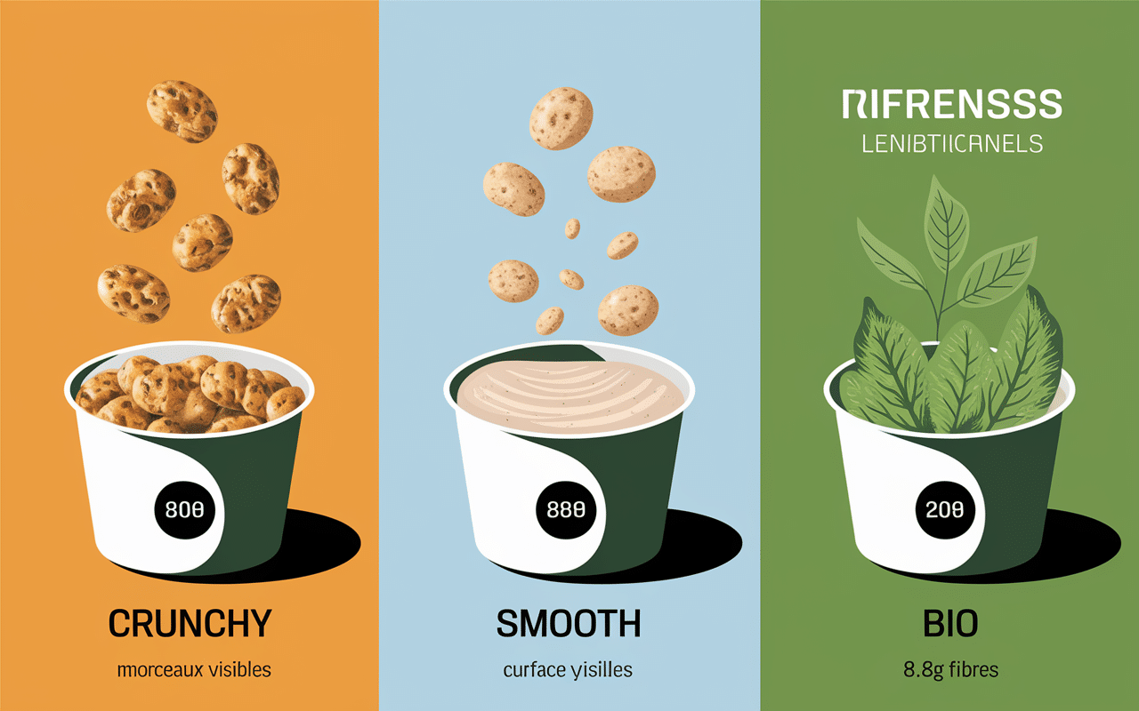 Comparatif visuel crunchy smooth bio beurre de cacahuete