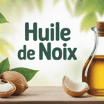 Huile de noix avec noix ouvertes et feuilles sur fond naturel