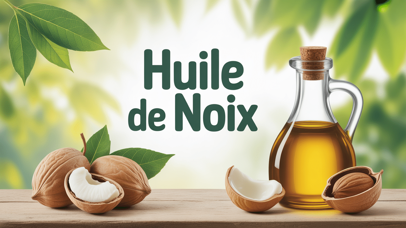 Huile de noix avec noix ouvertes et feuilles sur fond naturel