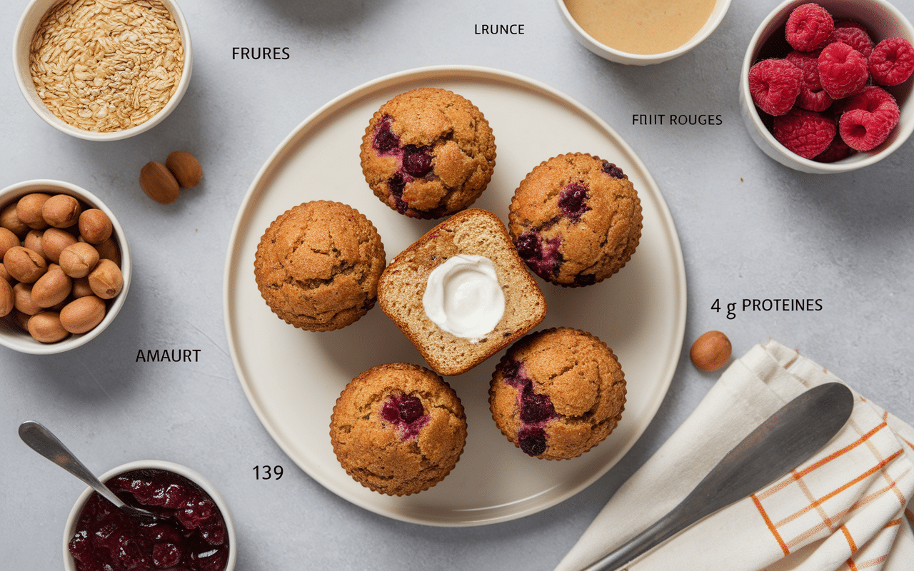 Assiette muffins healthy coupes, ingredients sains visibles, chiffres nutritionnels