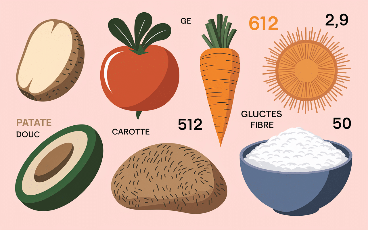 Tableau glucides fibres IG patate douce et aliments