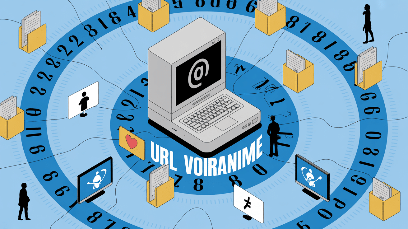 Ordinateur avec URL Voiranime et symboles anime