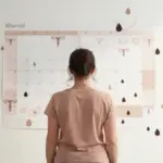 Vue silhouette femme calendrier et gouttes pertes marron