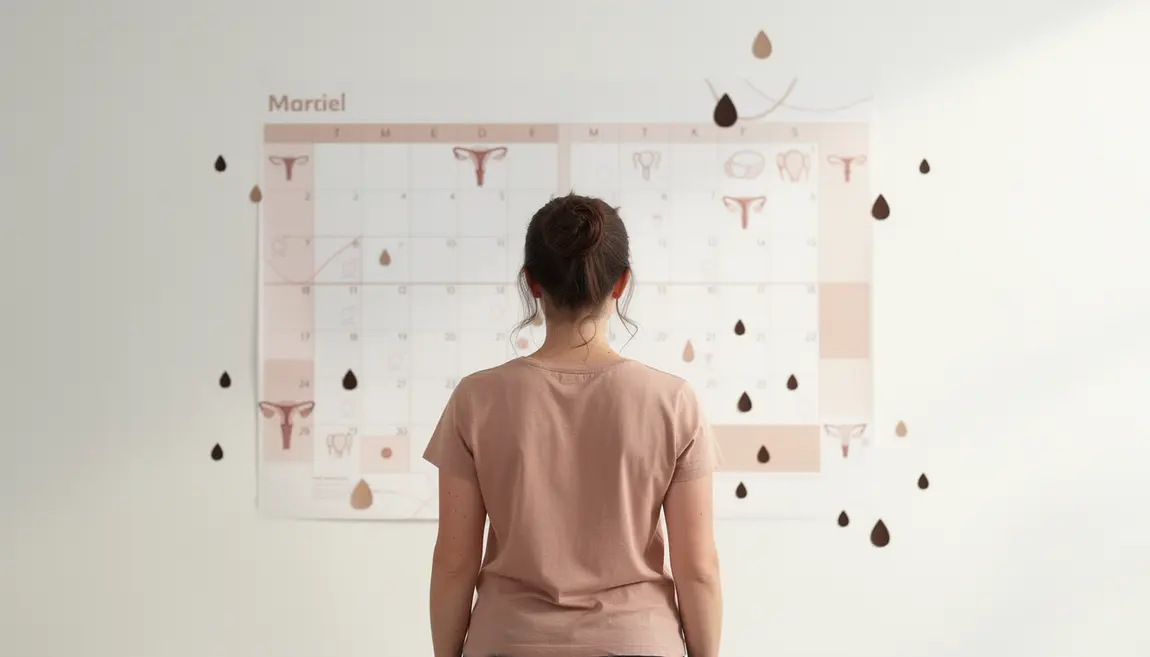 Vue silhouette femme calendrier et gouttes pertes marron