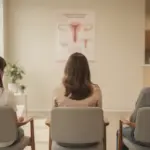 Salle d’attente stylisée axée santé féminine évoquant pertes marron