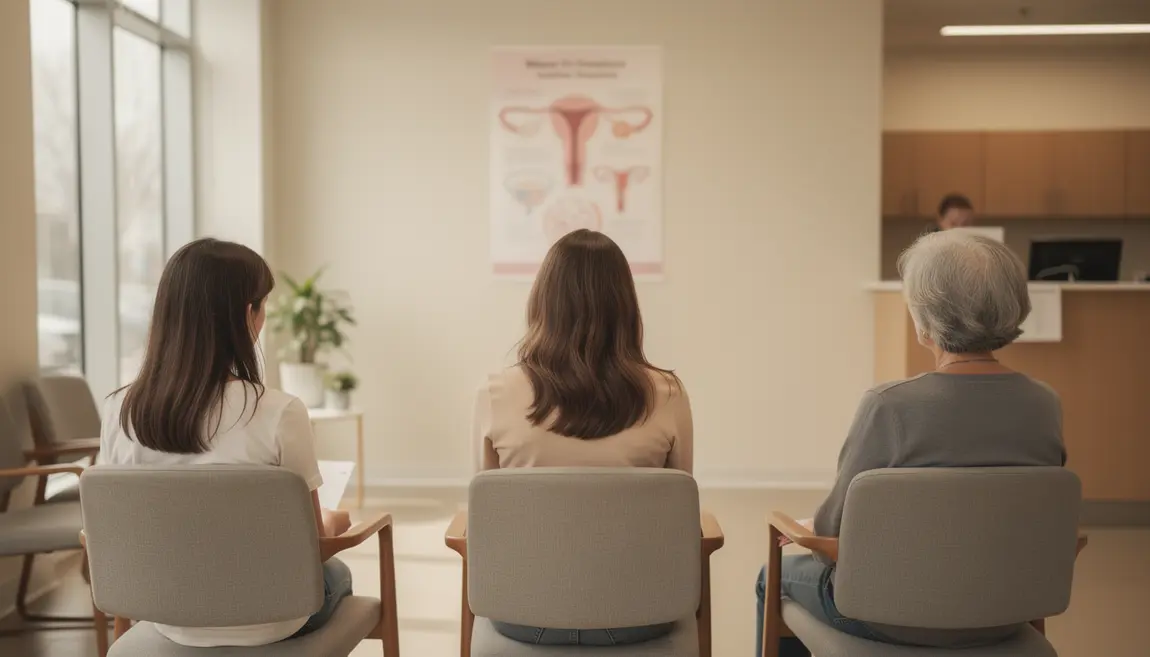 Salle d’attente stylisée axée santé féminine évoquant pertes marron