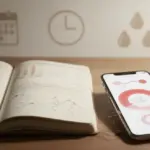 Carnet et smartphone affichant un suivi pertes brunes cycle menstruel