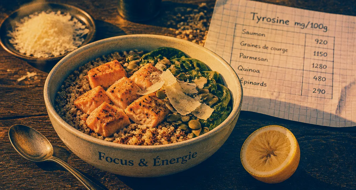 Aliments riches en tyrosine : bol énergie avec saumon, quinoa et graines