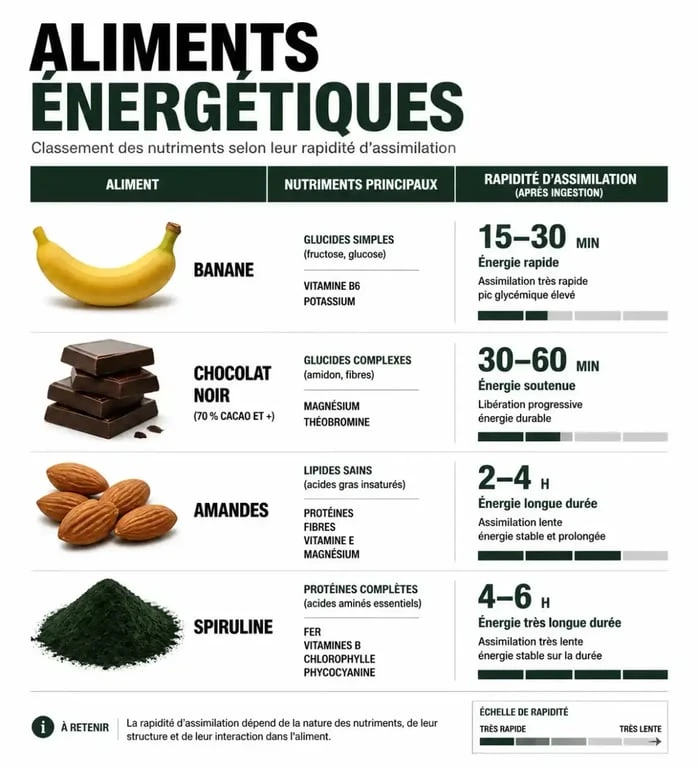 Infographie sur les aliments qui donnent de l'énergie rapidement et leurs bienfaits nutritionnels
