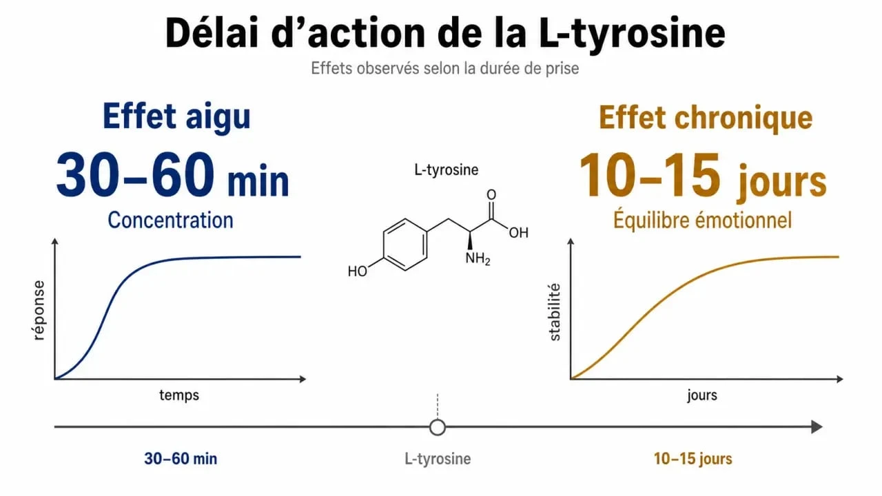 Infographie sur le délai d'action de la L-tyrosine pour la concentration et l'équilibre émotionnel