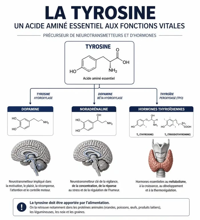 Infographie expliquant le rôle de la tyrosine et les aliments riches en tyrosine pour la santé mentale et thyroïdienne