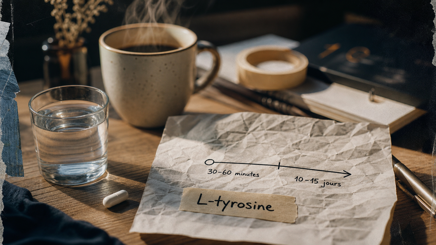 L-tyrosine : effet au bout de combien de temps, gélule et eau sur table