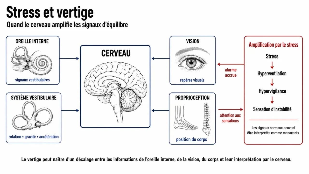 Schéma sur le stress vertige montrant le système vestibulaire, le cerveau et l’influence du stress