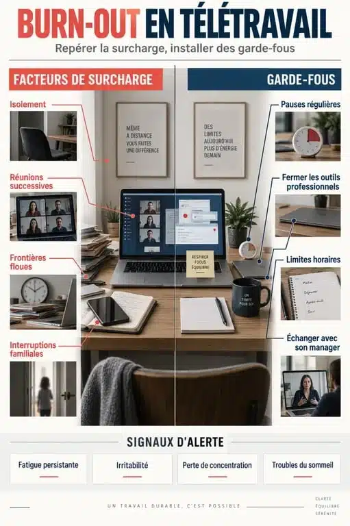 Infographie sur les facteurs de risque et les signaux du burn out teletravail